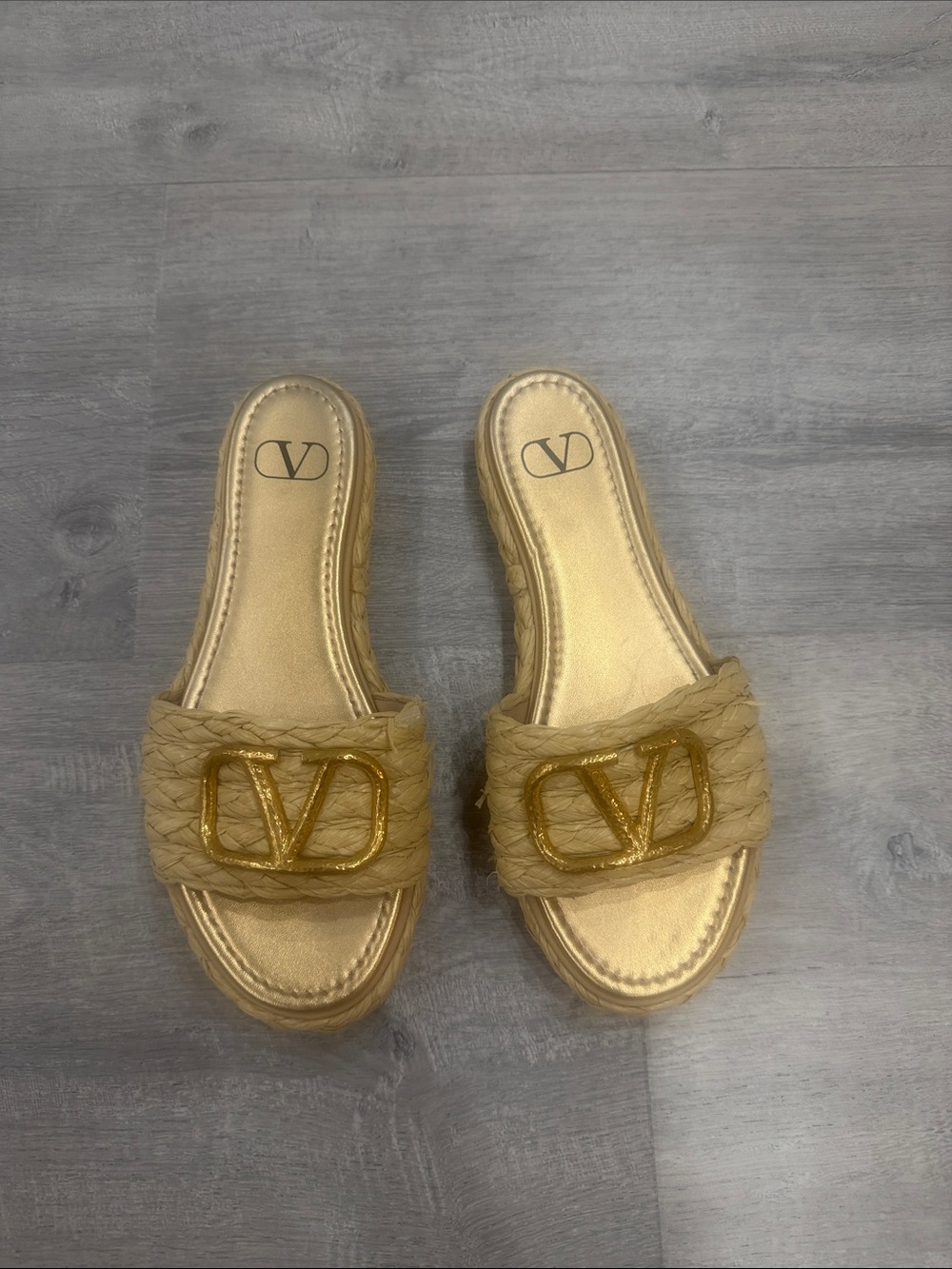 Valentino Garavani Metallic Gold Braided Logo Slides